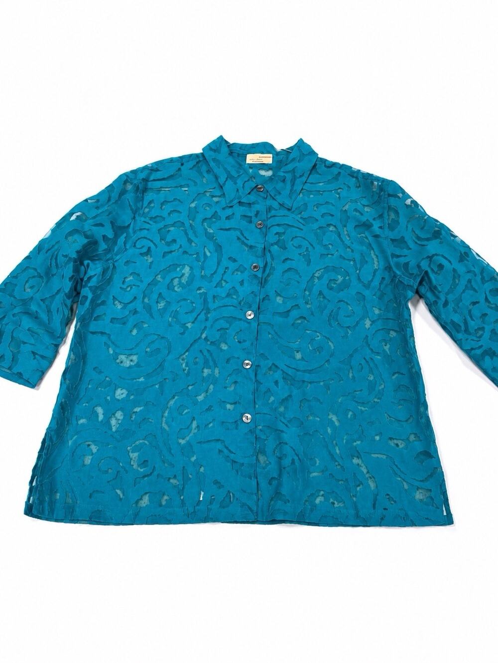 Choices Sheer Women Top L Green Teal Floral Spring Summer Party Casual Dressy